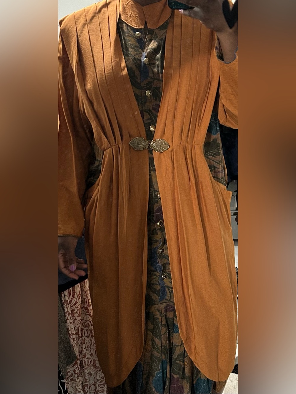 Rust Orange Pleated Open Front Duster with Decorative Clasp Vintage